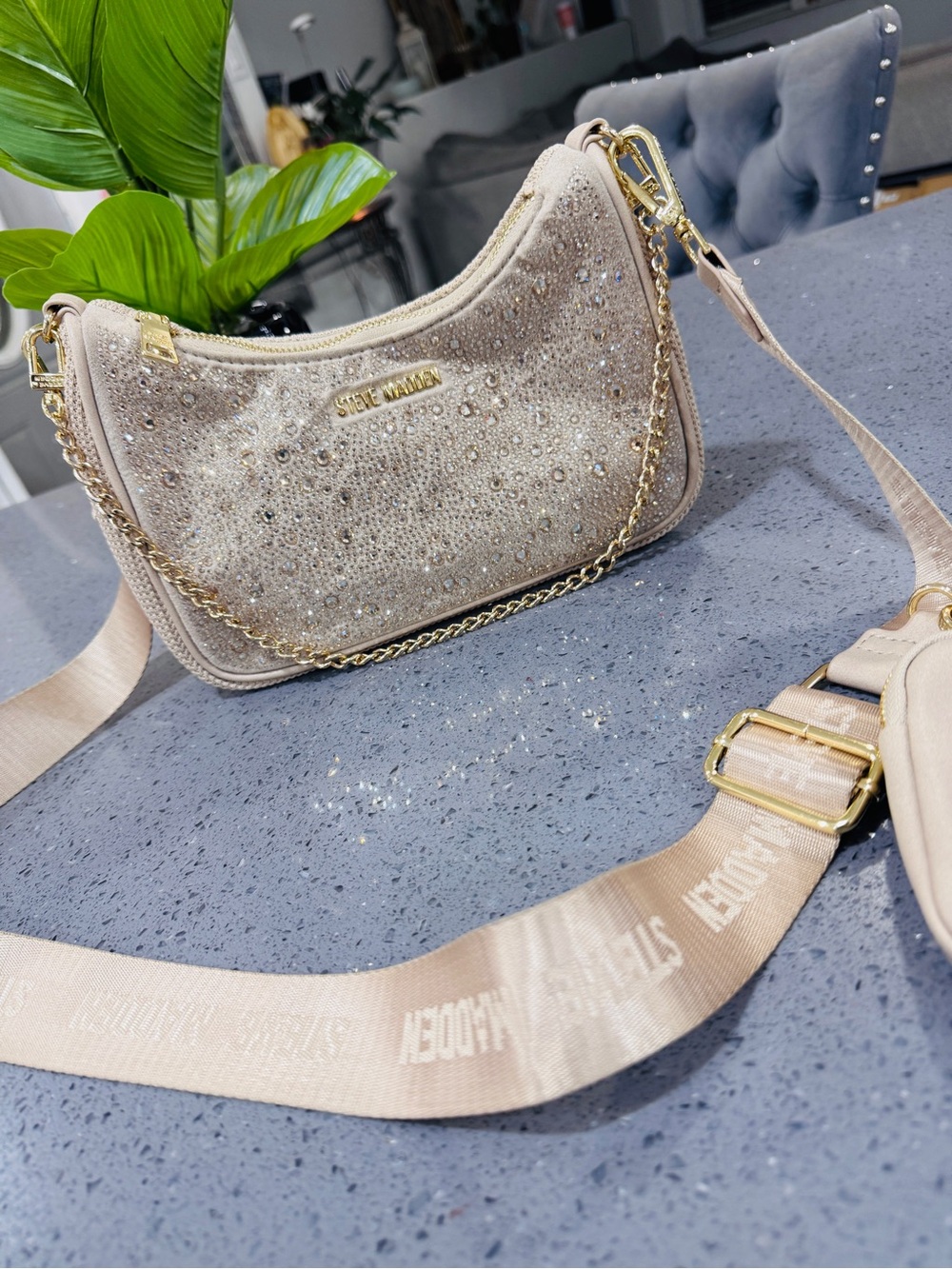 Steve Madden Champagne Beige Glitter Crescent Bag with Gold Chain